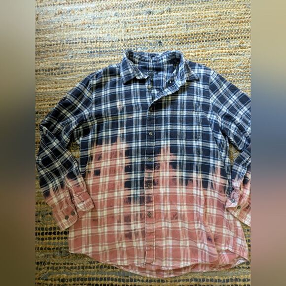 Reworked Bleached Ramones Flannel Shirt XL Punk Biker Grunge USA Flag Thrashed - Picture 3 of 7